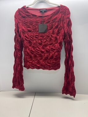 See You Monday Red Sculpted Knit Long-Sleeve Top